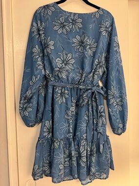 Flying Tomato Blue Floral Long-Sleeve Tie-Waist Dress